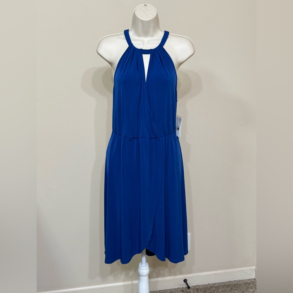 1.STATE Women's Blue Halter Neck Sleeveless Soft Wrap Front Midi Party Dress L